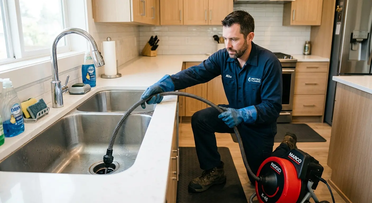 Drain cleaning technician using a motorized snake on a kitchen sink in La Marque