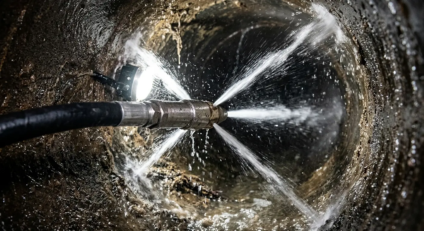 High-pressure hydro jetting nozzle cleaning sewer pipe for Sewer Cleanout in La Marque