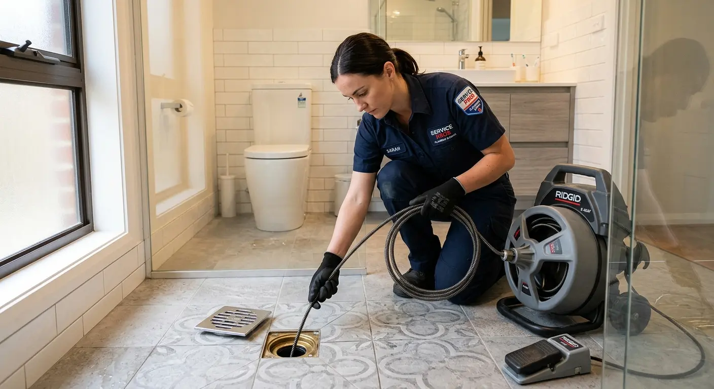 Technician clearing a bathroom floor drain for Clogged Drain Repair in La Marque